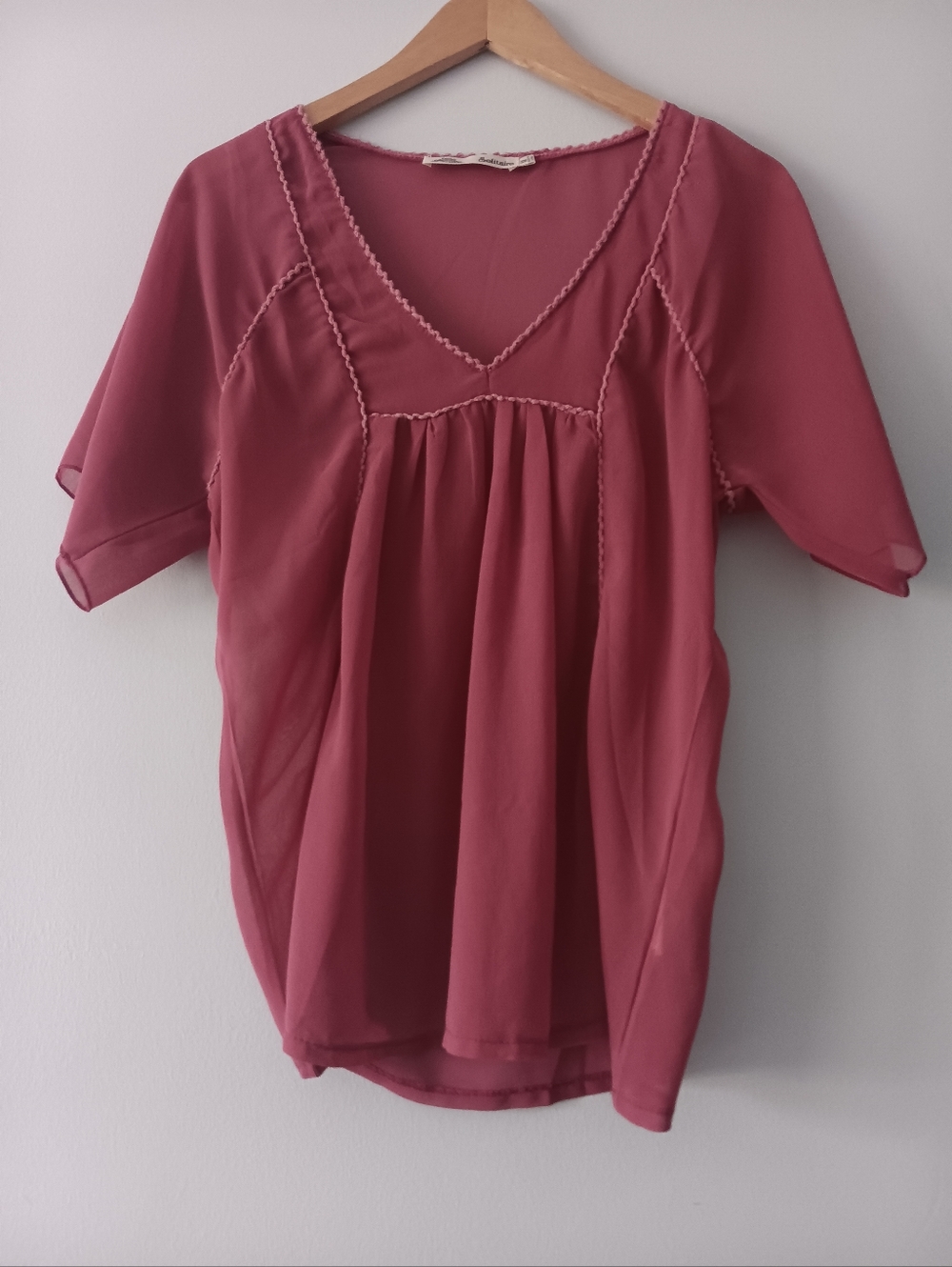 Solitaire Rose Pink Sheer Chiffon V Neck Flowy Short Sleeve Blouse M